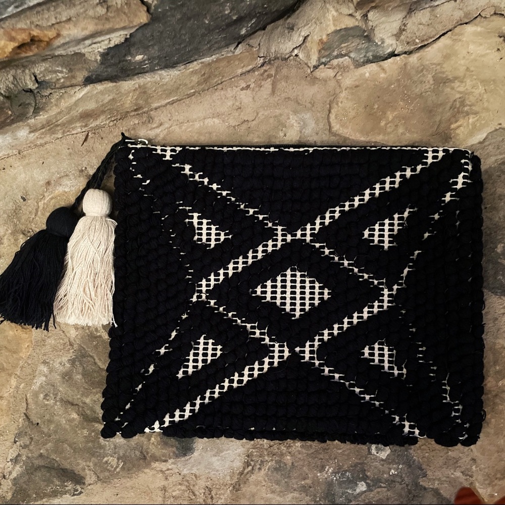 Sole Society Black and White Embroidered Clutch